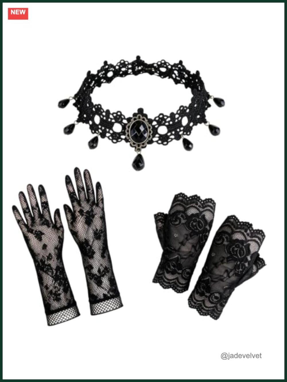 3 Pc Lace Gloves Set with Gothic Gem Choker Necklace Cosplay Costume
